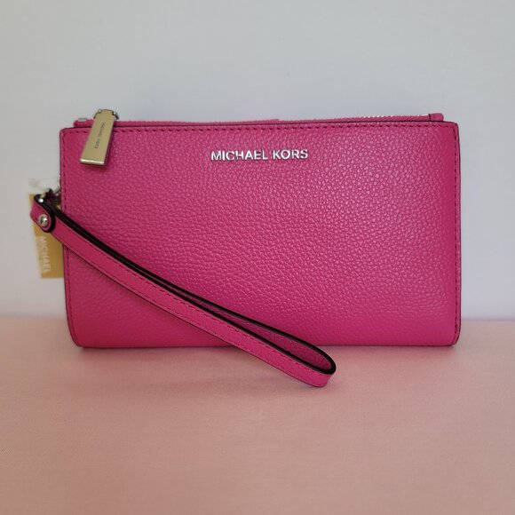 MICHAEL KORS Jet Set Double Zip Pebbled Leather Wristlet- Cerise🎈$127.